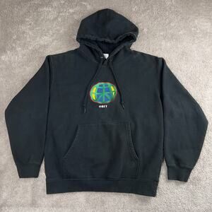 Black Obey World Peace Sign Global Patch Black Hoodie Size M Sweatshirt Skate